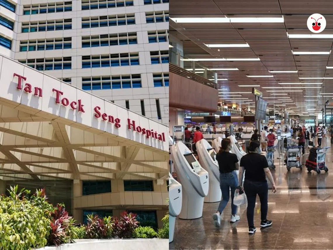 樟宜机场第一搭客大厦（右）和陈笃生医院（左）这星期突然出现两大冠病社区感染群。樟宜机场的感染群截至今日依然为8人，但是陈笃生医院的感染群已经增至18人。（红蚂蚁制图）