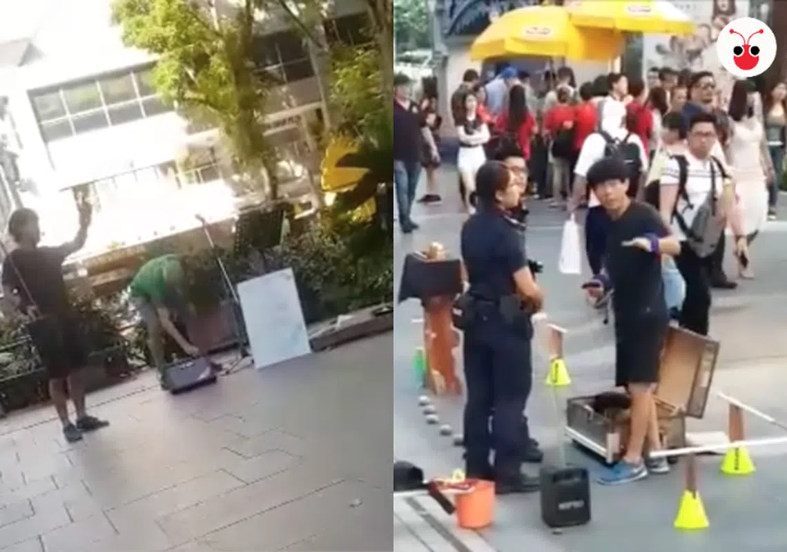 街头艺人街上直接扬声器大吵。