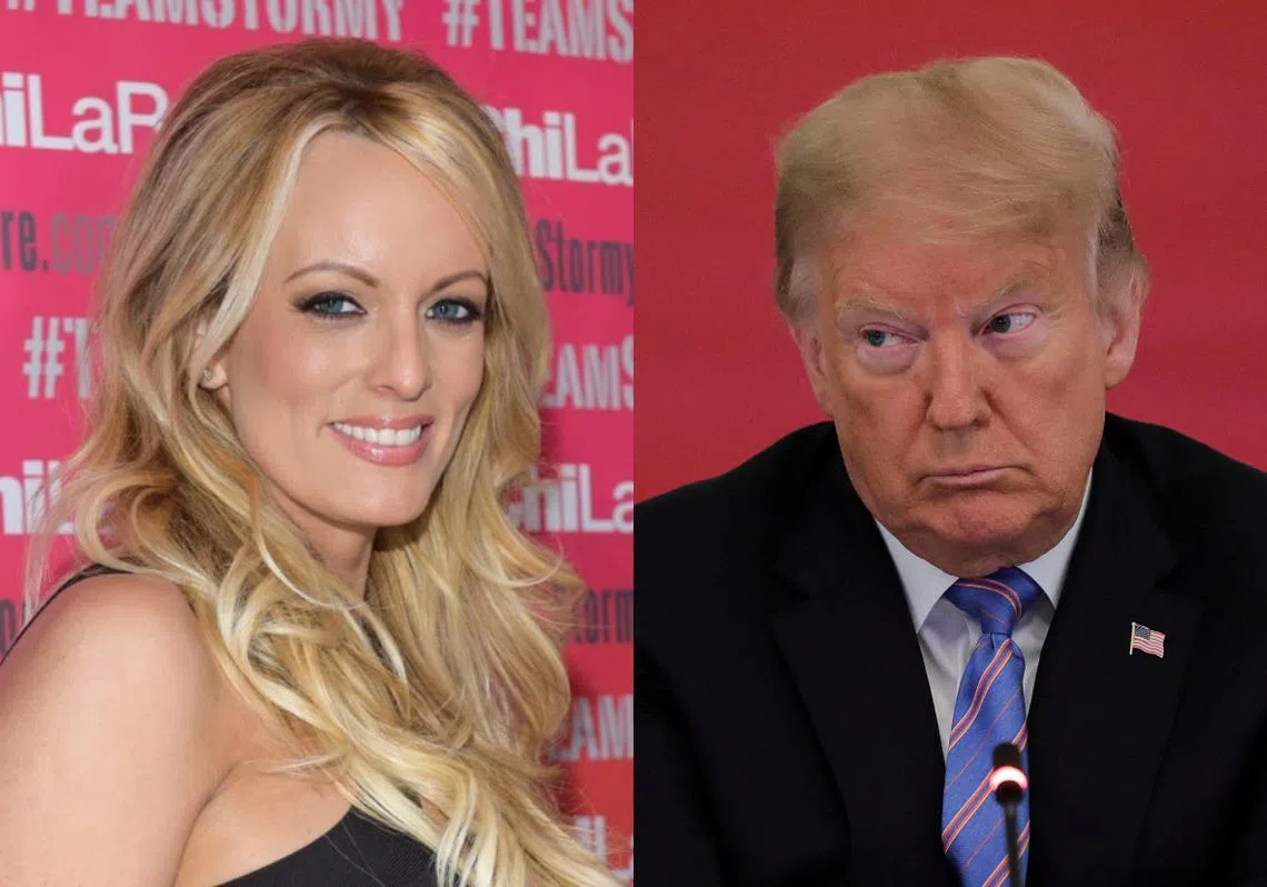 特朗普（右）因不当支付成人片女星丹尼尔斯（左）封口费而惹上官非。（红蚂蚁制图）