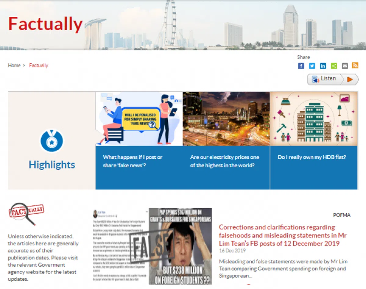  新加坡政府官方“打假”网站 www.gov.sg/factually。（Factually.） 