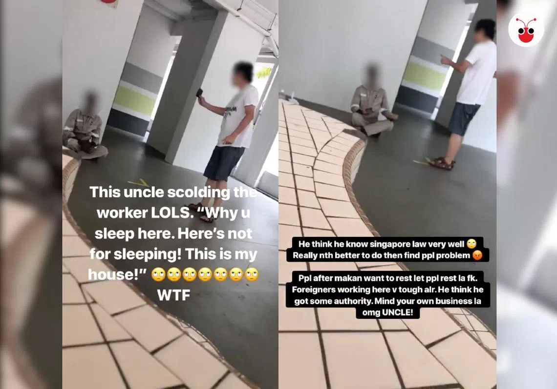 拍视频的青年说，大叔以为自己对新加坡法律很了解，当“警察”找客工麻烦。
