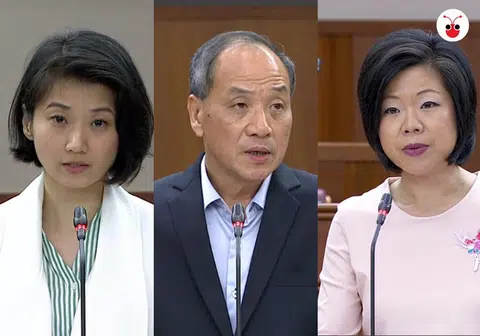 行动党孙雪玲（左）和沈颖（右）在国会上分别和工人党老手刘程强（中）过招。（郭跃男制图）