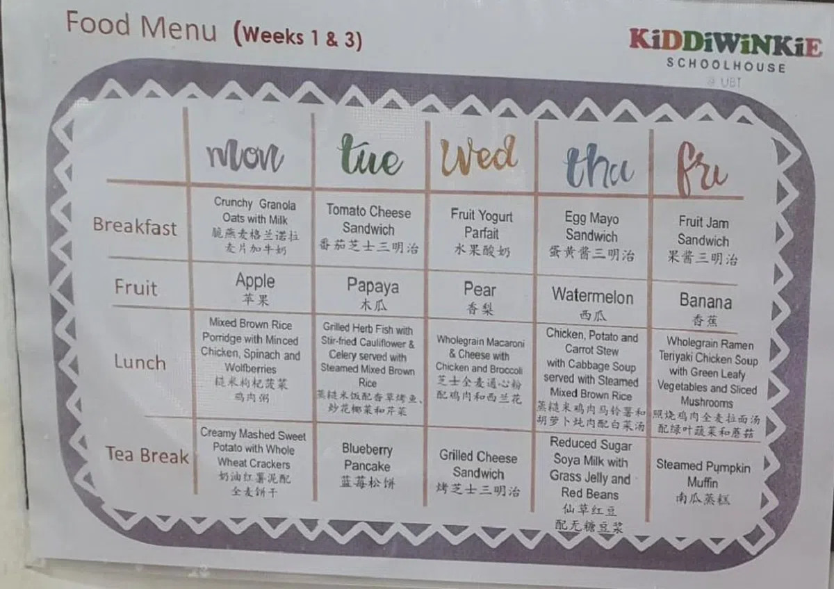 幼儿园Kiddiwinkie Schoolhouse每月第一周和第三周的菜单。（蚁粉提供）