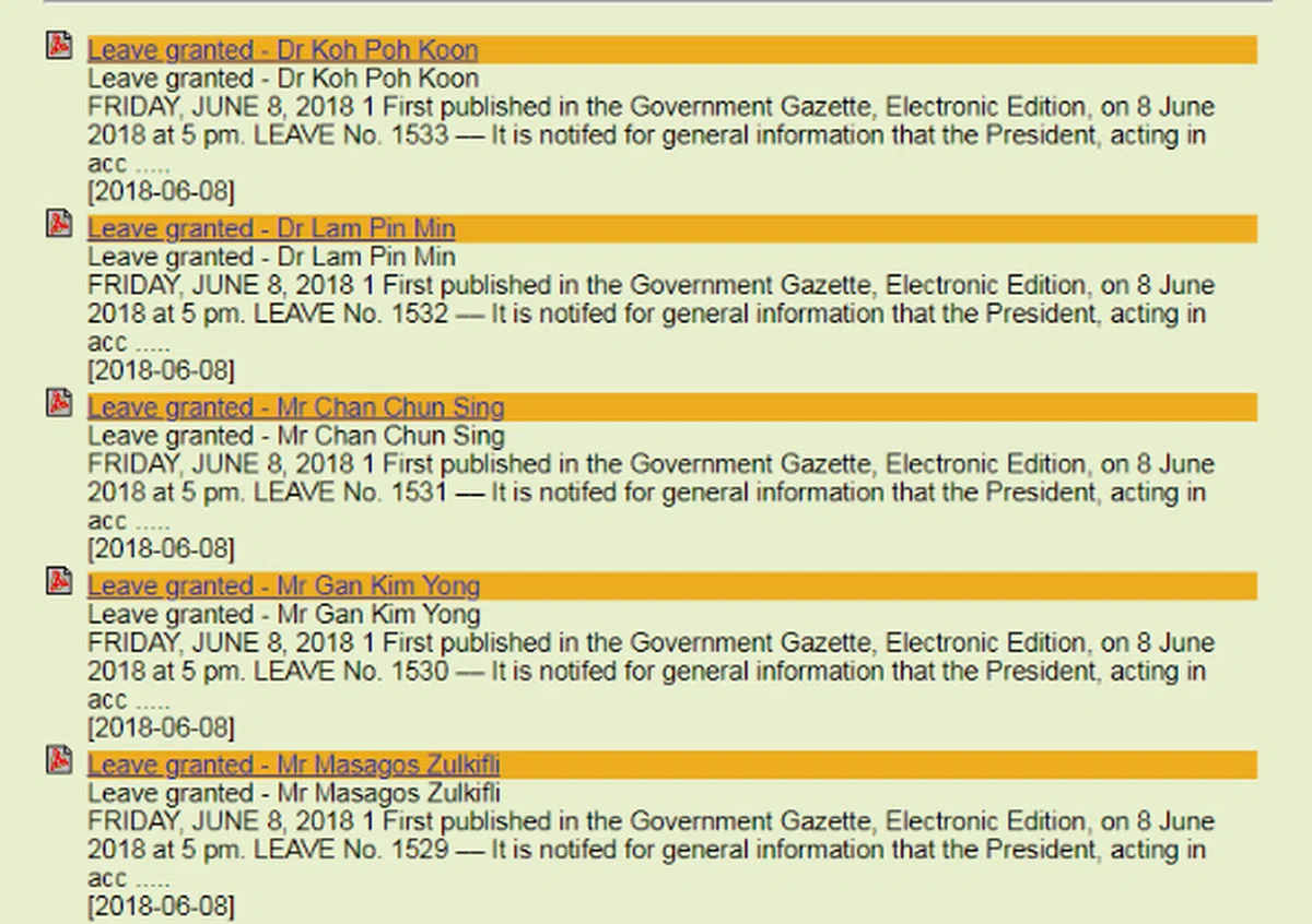  网上资料显示，贸工部长陈振声（Chan Chun Sing）请假获准的通知在6月8日发布。（网上截图） 