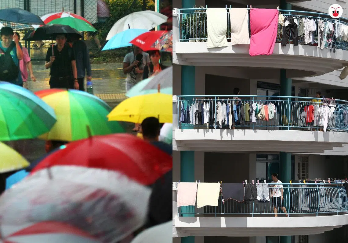 我国12月雨水不断，居民逮着阳光出现的短暂瞬间将所有衣物挂在户外晾干。（叶安琪制图）