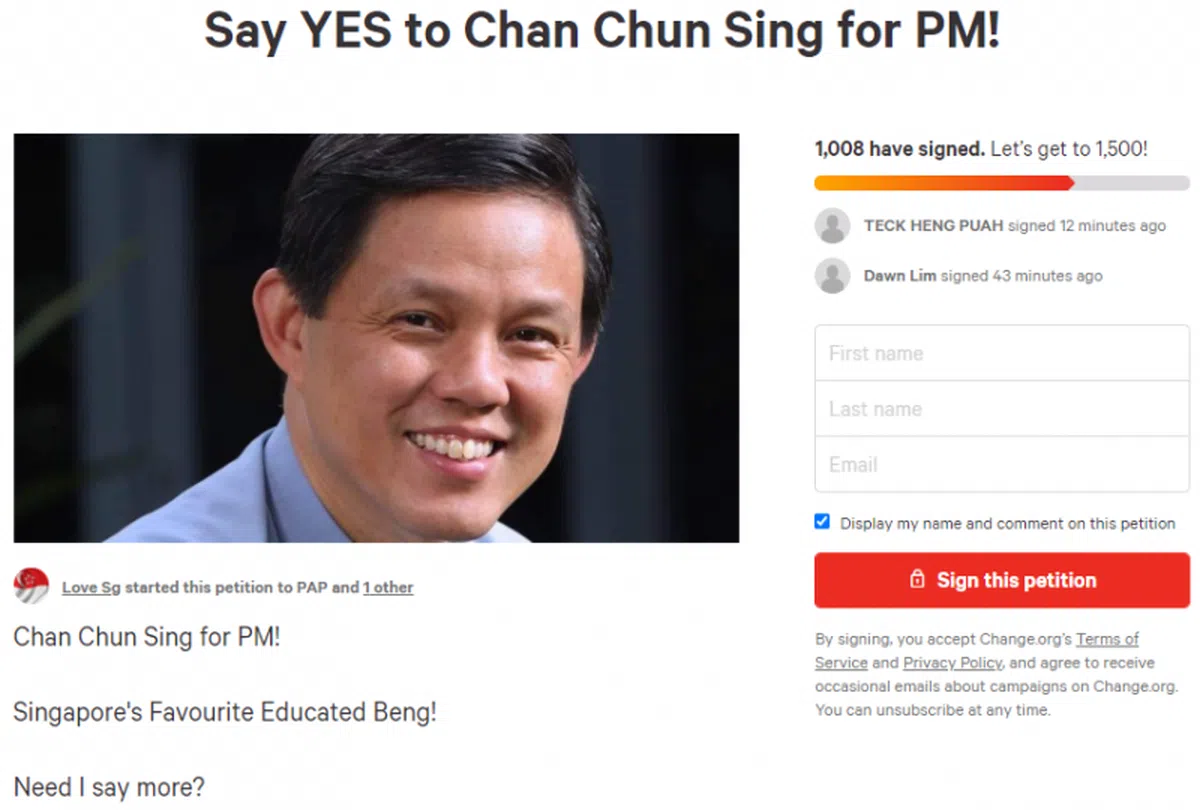  署名Love.sg的网民紧跟着在网上发起支持陈振声当总理的联署。（change.org） 