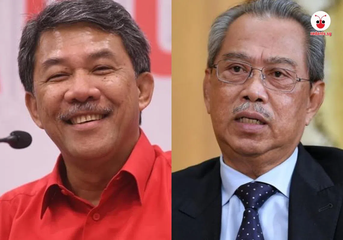 巫统副主席莫哈末哈山（左）放话要慕尤丁（右）解散国会举行大选。（李国豪制图）