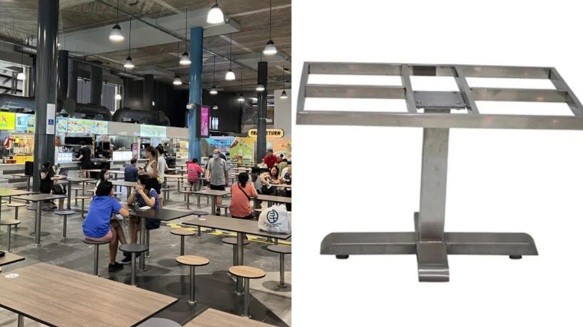 “无桌面”设计的餐桌，是直接将食客捧餐的托盘转换为“移动桌面”，用餐后归还托盘和餐具，根本无须清洁“桌面”。（联合早报）