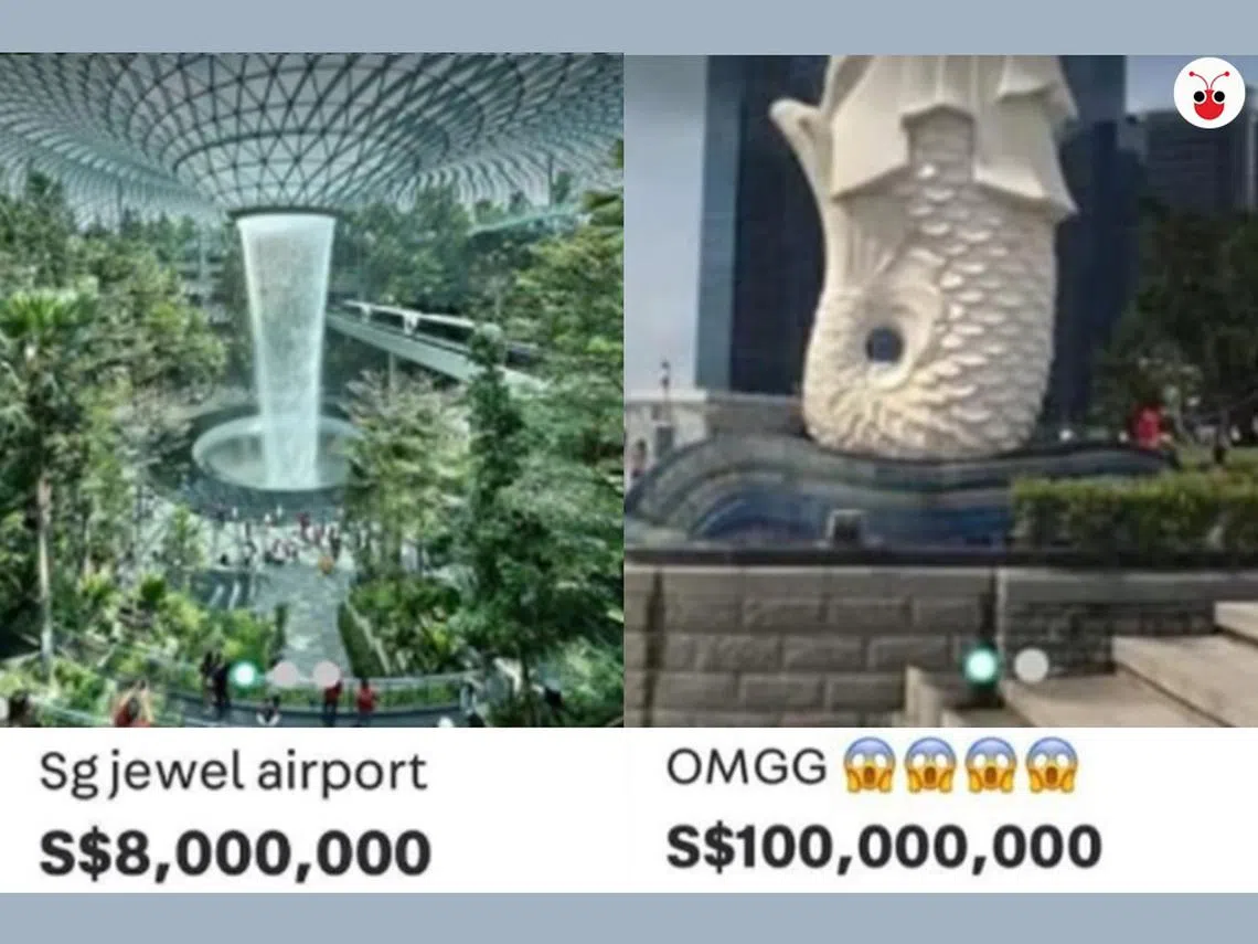 本地购物平台Carousell上有卖家荒诞开出天价，出售新加坡多个标志建筑和景点，遭平台强制下架。（红蚂蚁制图）