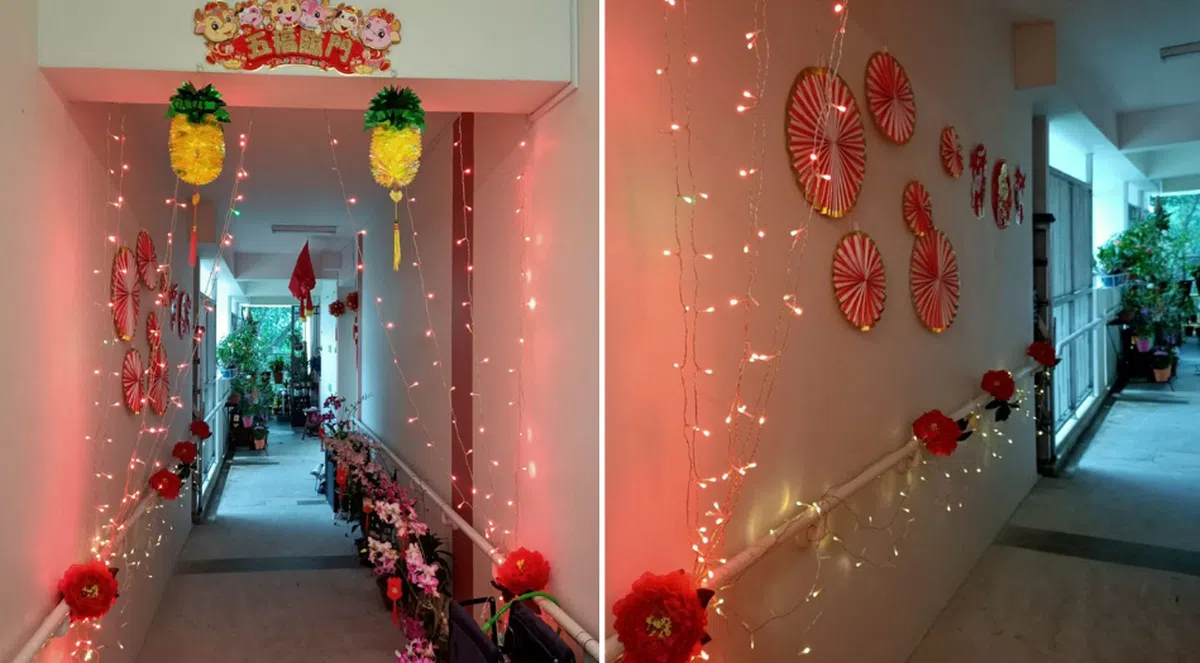  张灯结彩的组屋走廊，挂满了新年装饰，红色小灯也点缀着夜晚的组屋。（Abdullah bin Abdul Rahman） 