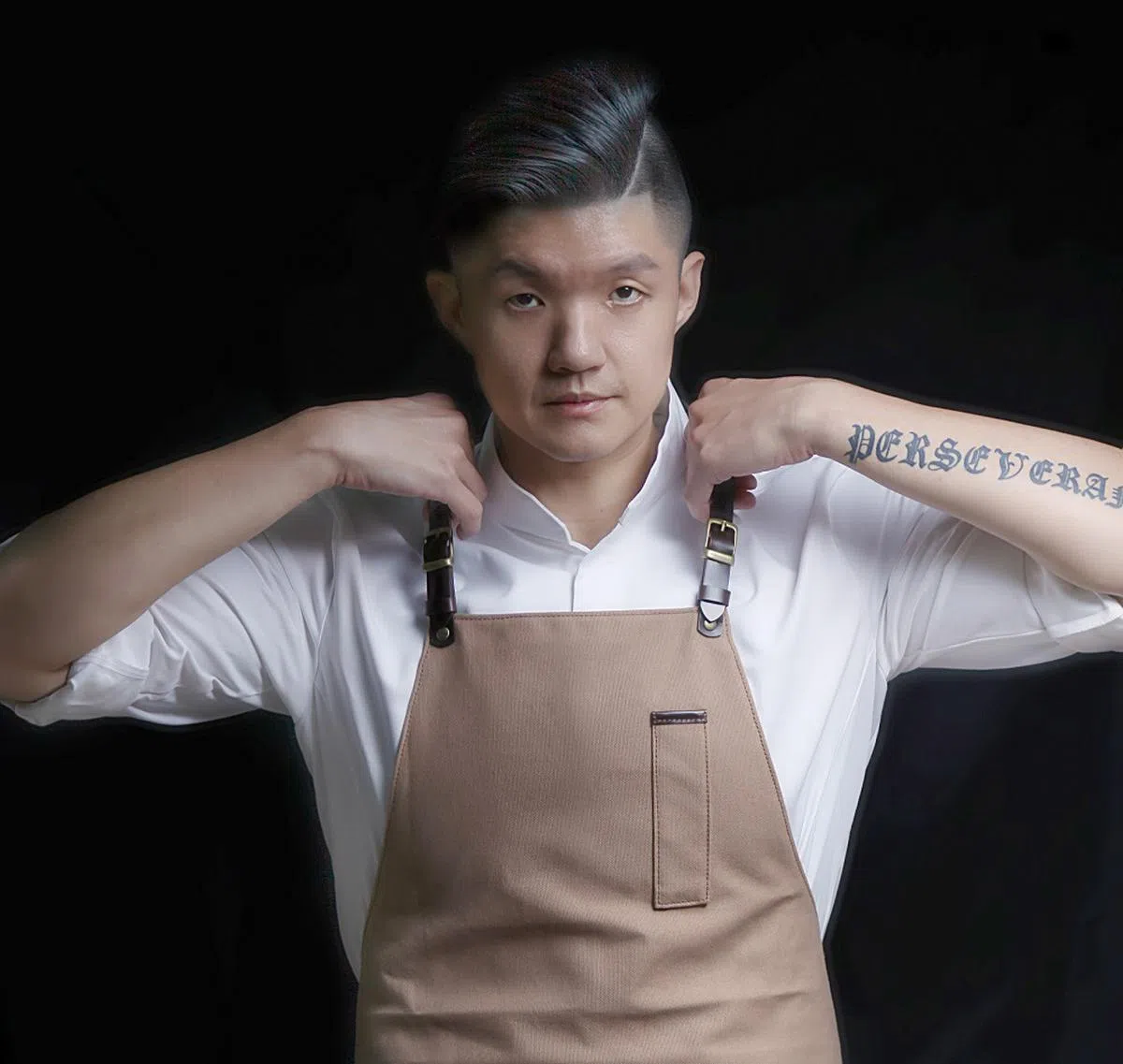 林恬耀手臂上的刺青“Perseverance”是对自己的提醒。（JL Studio）