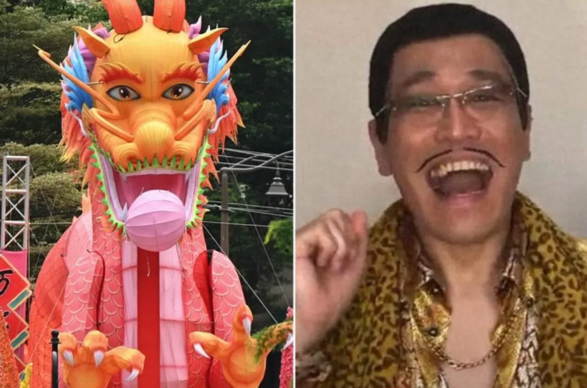 网民说，牛车水的龙年灯饰神似日本搞笑艺人Piko太郎。（互联网）