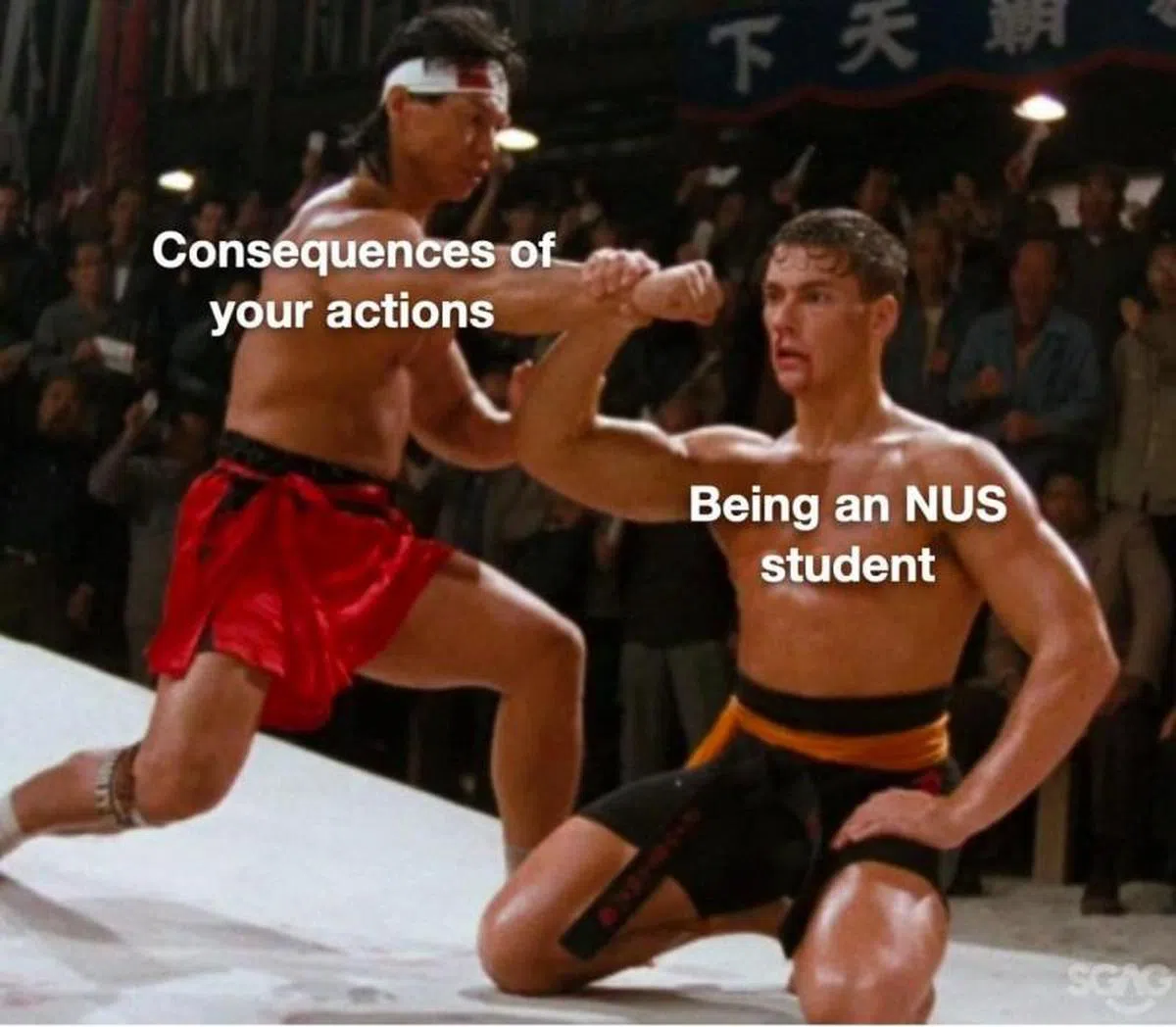  这个社交媒体制作的迷因则将NUS学生比喻为可以为所欲为，打不倒的对手。（SGAG） 