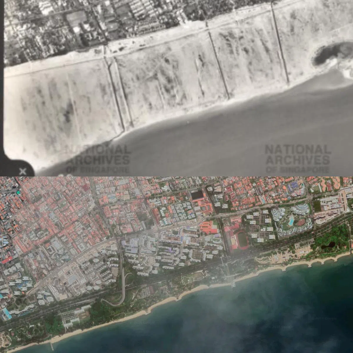 上图为50年前，已经开始填海工程的东海岸，下图为2019年，建在当年填海面积之上的东海岸公园。（新加坡国家档案局/谷歌地图截图）