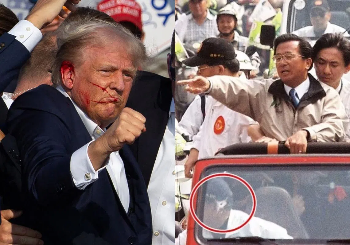 特朗普（左）遇刺让不少人联想起20年前台湾总统大选中陈水扁（右）遭枪击事件。（红蚂蚁制图）