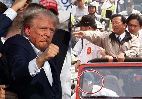 特朗普（左）遇刺让不少人联想起20年前台湾总统大选中陈水扁（右）遭枪击事件。（红蚂蚁制图）