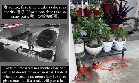 The video shows the woman walking towards a rack with an empty plastic bag. She then bent down and appeared to be taking something from the ground in front of the rack.