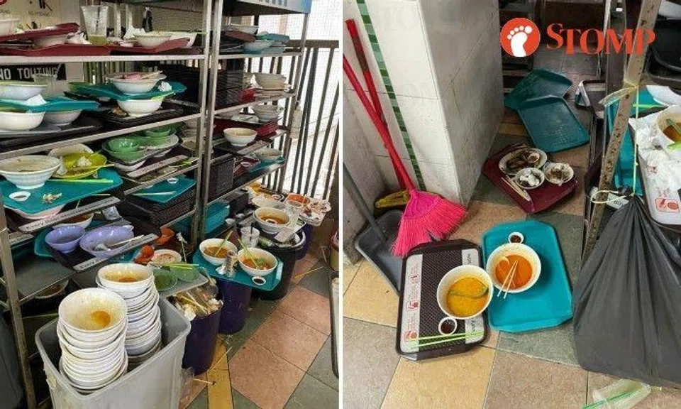 The photos show that the tray return points were so full that that diners just left their trays of dirty dishes on the nearby tables and seats as well as on the waste bins and the floor.