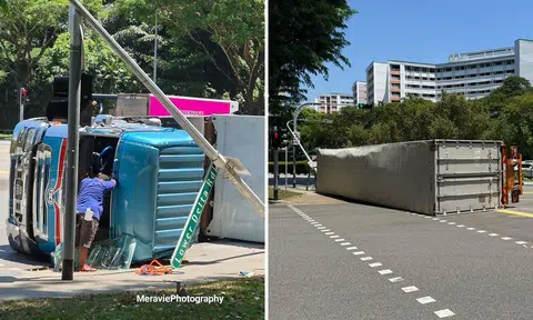 Trailer topples over and knocks down lamppost near Mount Faber, 2 taken to hospital