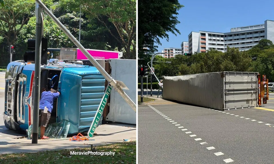 Trailer topples over and knocks down lamppost near Mount Faber, 2 taken to hospital
