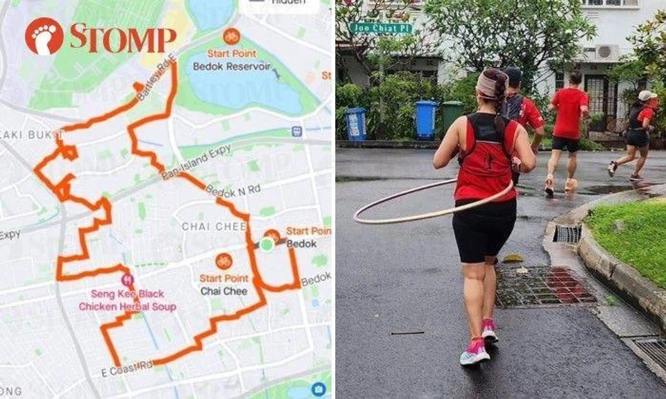 Left: The rabbit on the Strava map. Right: A woman ran 20km with a hula hoop.