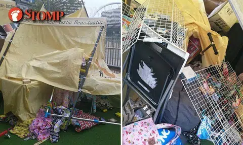 Tentage of flea market booth at Waterway Point blown apart by strong winds, goods damaged