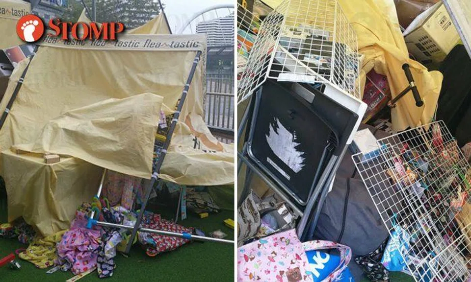 Tentage of flea market booth at Waterway Point blown apart by strong winds, goods damaged