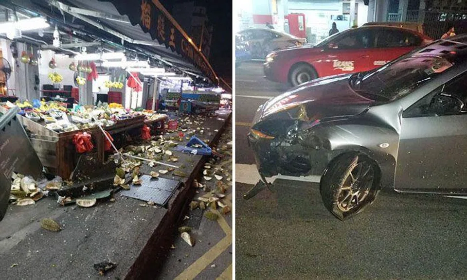 (Left) The durian stall at the junction of Sims Avenue and Lorong 13 Geylang. (Right) The damaged car. PHOTOS: SHIN MIN DAILY NEWS