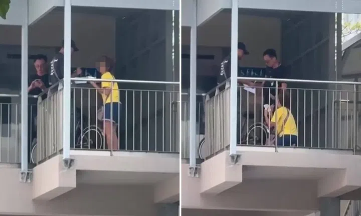 elderly cyclist kneels before two lta officers