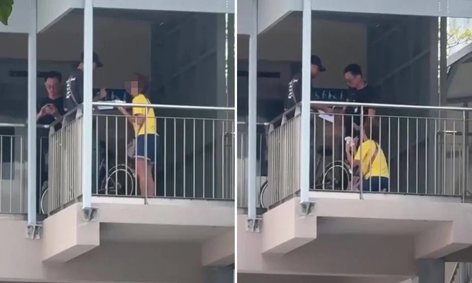 elderly cyclist kneels before two lta officers