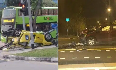 2 taken to hospital after taxi overturns in accident with car at Upper Changi Road