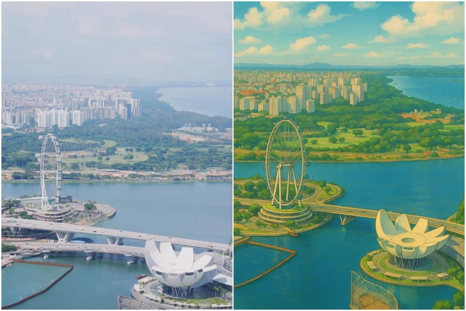 An original photo and an AI-generated “Ghibli-style” photo of the Singapore Flyer and ArtScience Museum.