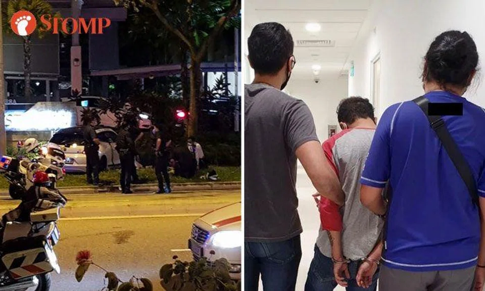 When the car mounted a kerb in Canberra Street and crashed into a tree, the male passenger managed to get away. PHOTOS: STOMP, CENTRAL NARCOTICS BUREAU