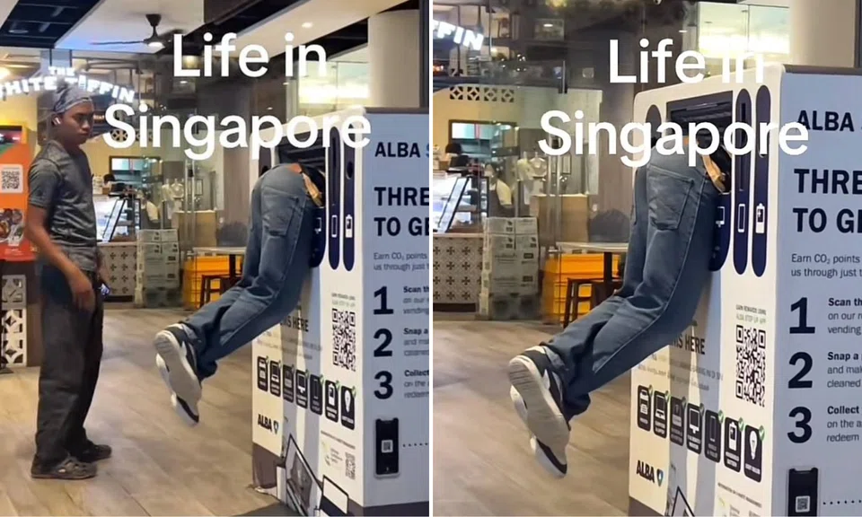 The man was spotted half inside an e-waste bin at Woods Square Mall.