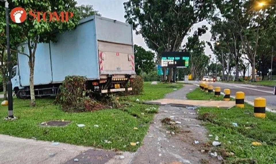 Stomper Angela shared a photo of the heavy vehicle on the grass with a trail of debris behind it