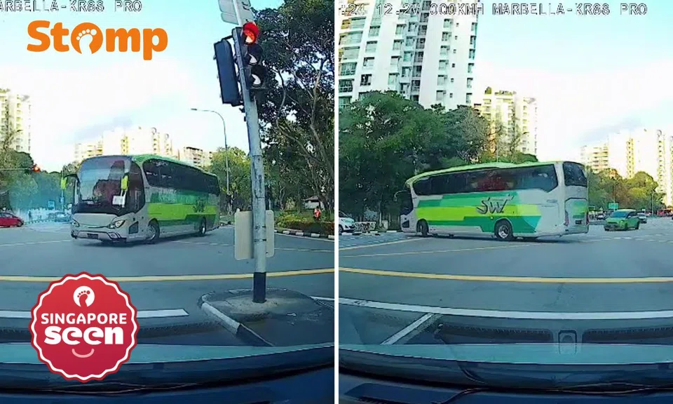 Travel coach makes illegal U-turn at Bedok junction