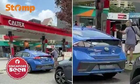Pedestrian scolds cabby who honked at him, holds up traffic at East Coast Road petrol station