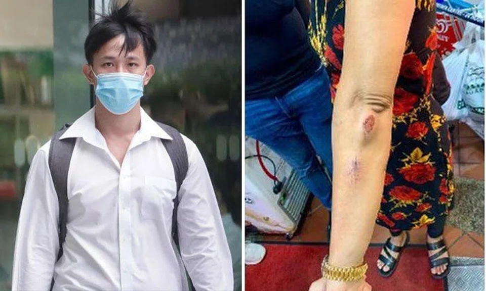 Wong Xing Fong attacked Madam Hindocha Nita Vishnubhai near Northvale condominium in Choa Chu Kang in May 2021. PHOTOS: KELVIN CHNG, HINDOCHA NITA VISHNUBHAI