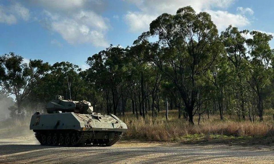 The Singapore Army's Hunter Armoured Fighting Vehicle traversing the terrains at Exercise Wallaby 2024. Photo: Ministry of Defence