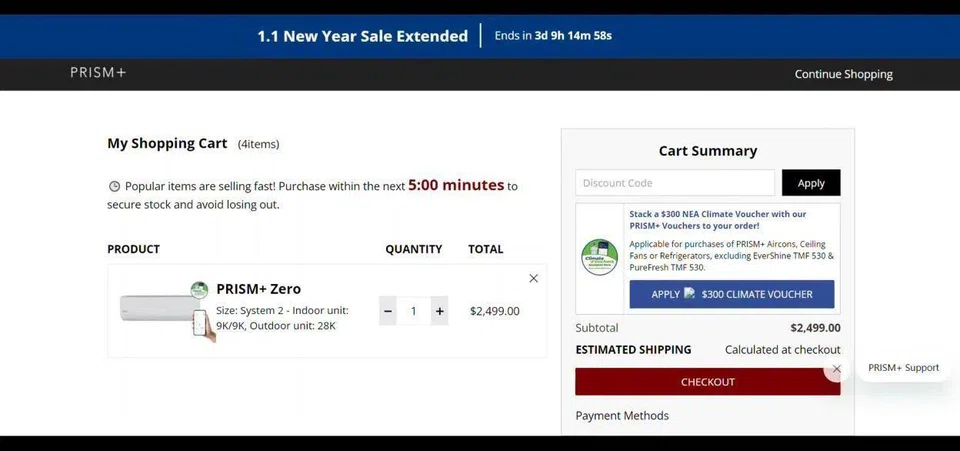 CCS captured this screenshot on Jan 7. The Prism+ website had a message stating “Popular items are selling fast! Purchase within the next (timer) minutes to secure stock and avoid losing out.” on the checkout page. PHOTO: CCS