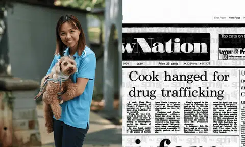 A collage of a middle-aged woman holding her dog, and a screenshot of a newspaper article with the headline "Cook hanged for drug trafficking"