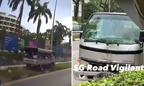 The lorry mounted a kerb and crashed into a street lamp along Buangkok Green on Saturday. PHOTOS: SCREENGRAB FROM SGRV/FACEBOOK