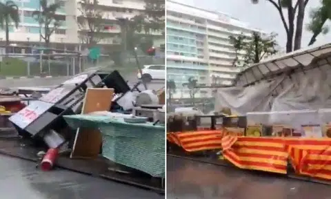 Part of the tent sheltering a pasar malam next to Golden Village Yishun collapsed due to heavy rain and strong winds.