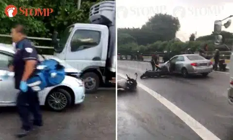 Collision involving trailer and 2 bikes causes oil spill on SLE: 12 sent to hospital after multiple accidents