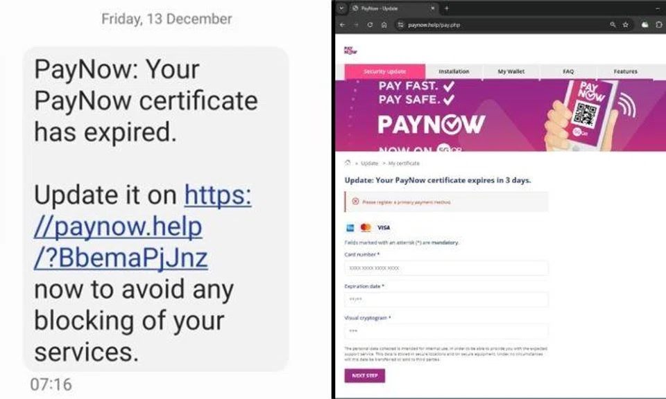 Scammers luring people to phishing site with messages about their 'PayNow certificate' expiring