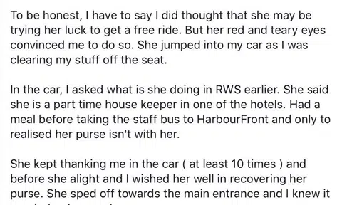 Netizen gives a lift to teary-eyed aunty who left her purse at RWS despite doubting her story at first