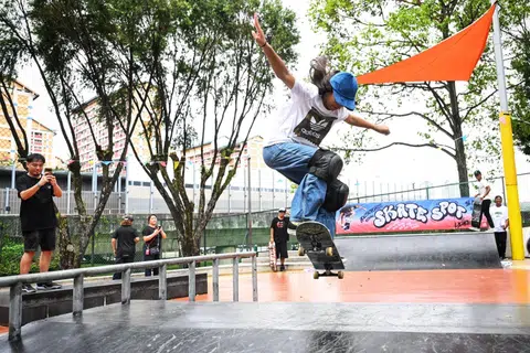 Eva Myra Zulkarnaen skateboarding at the YouthCreates Bishan Skate Spot, located in Bishan Sport Centre on March 16, 2025.
