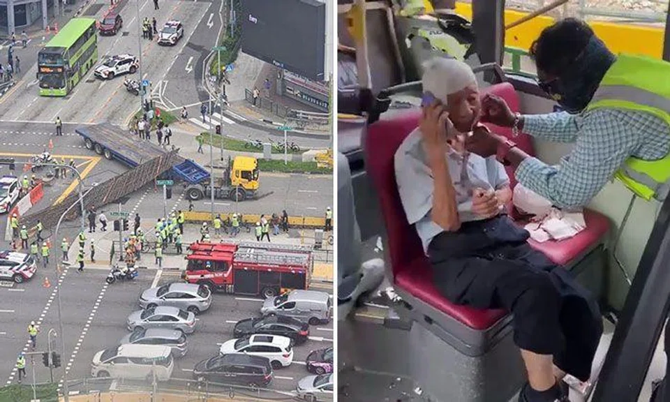 4 passengers and pedestrian taken to hospital after bus and trailer truck collide at Ophir Road