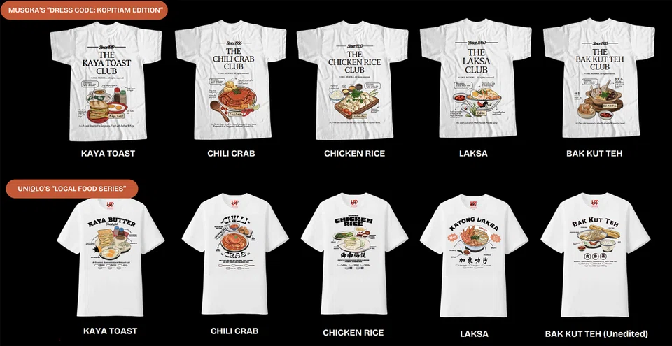 A comparison of Uniqlo and Musoka Club's shirts provided by Musoka Club, who neutralised the colours in Uniqlo's design for clearer visual comparison.