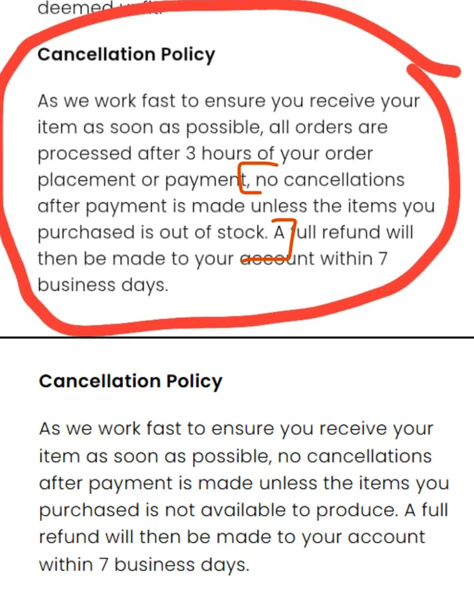 Cancellation policy no longer has the clause about the three hours and the “out of stock” part.